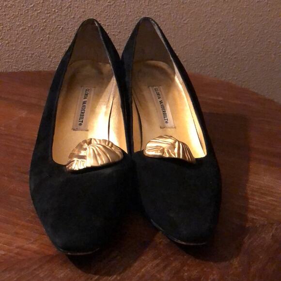 Gloria Vanderbilt Vintage Preppy Glam Academia Note Vintage Black Gold Heels 9 - Picture 3 of 15